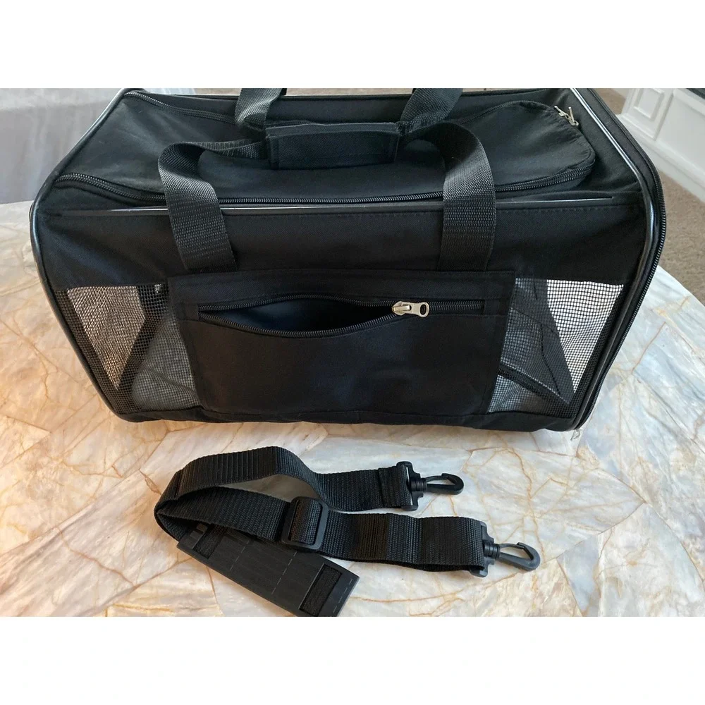 Black Soft Sided Pet Carrier Small Dog Cat Travel Bag with Mesh Windows Strap